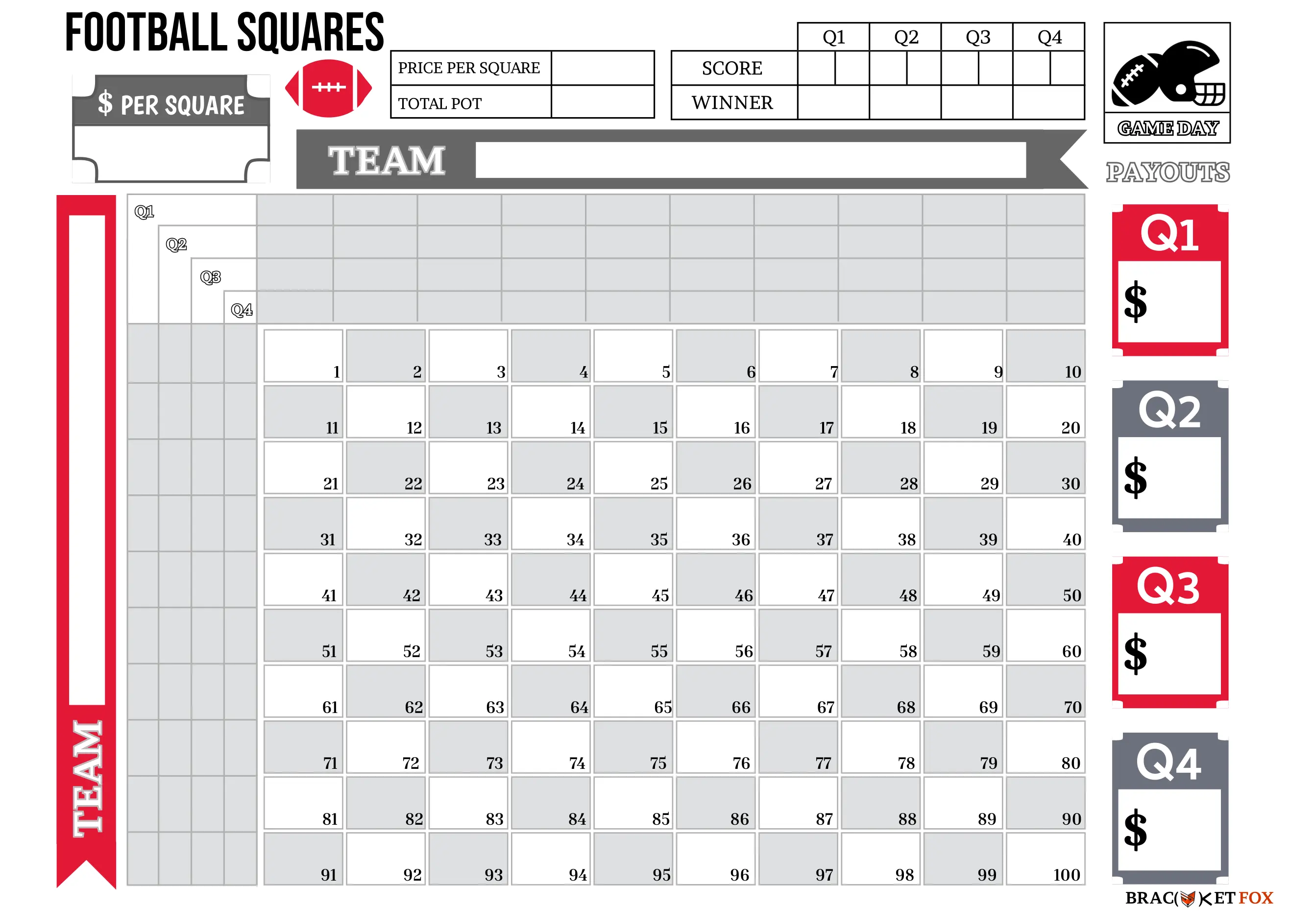 Blank 10x10 Football Squares Grid