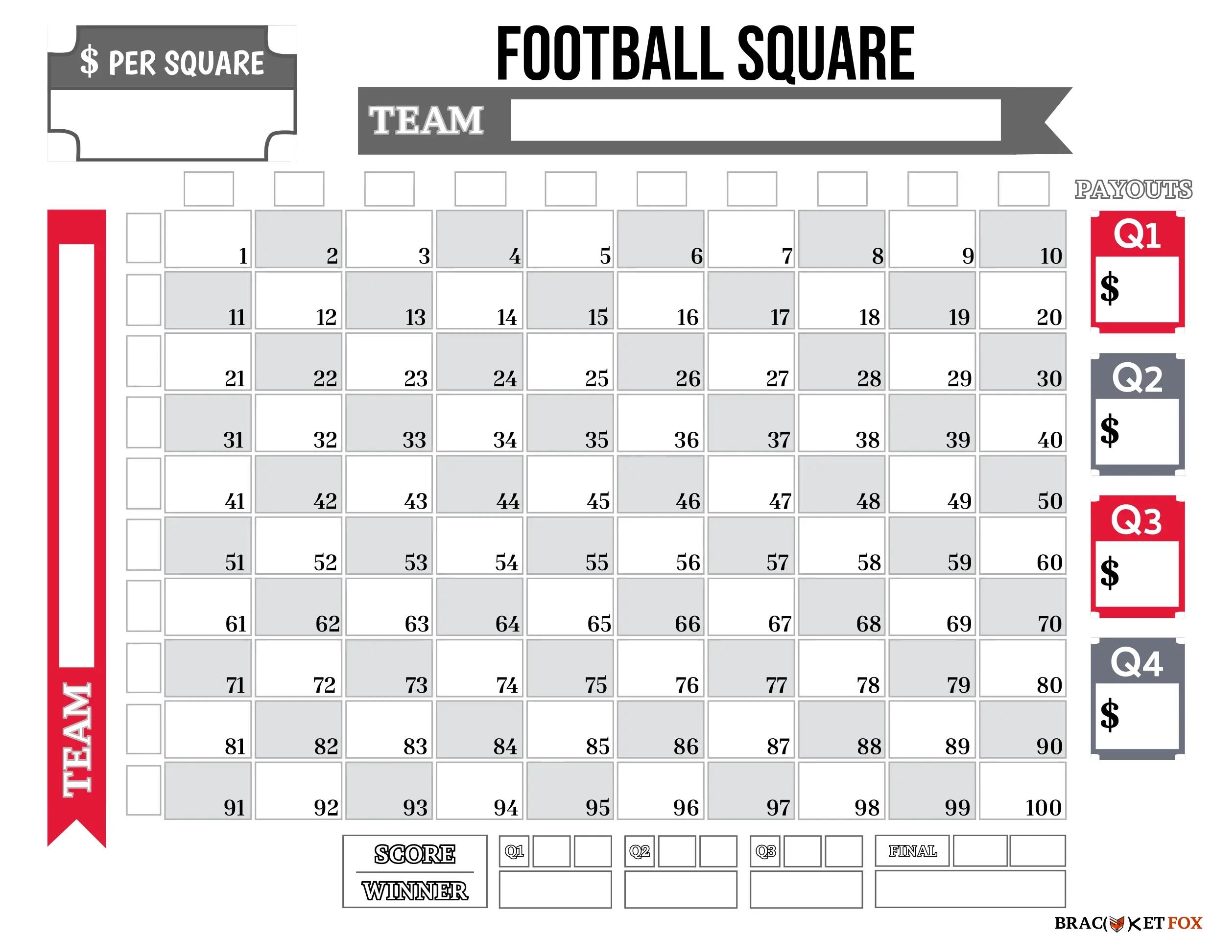 10x10 Football Squares with Team Names