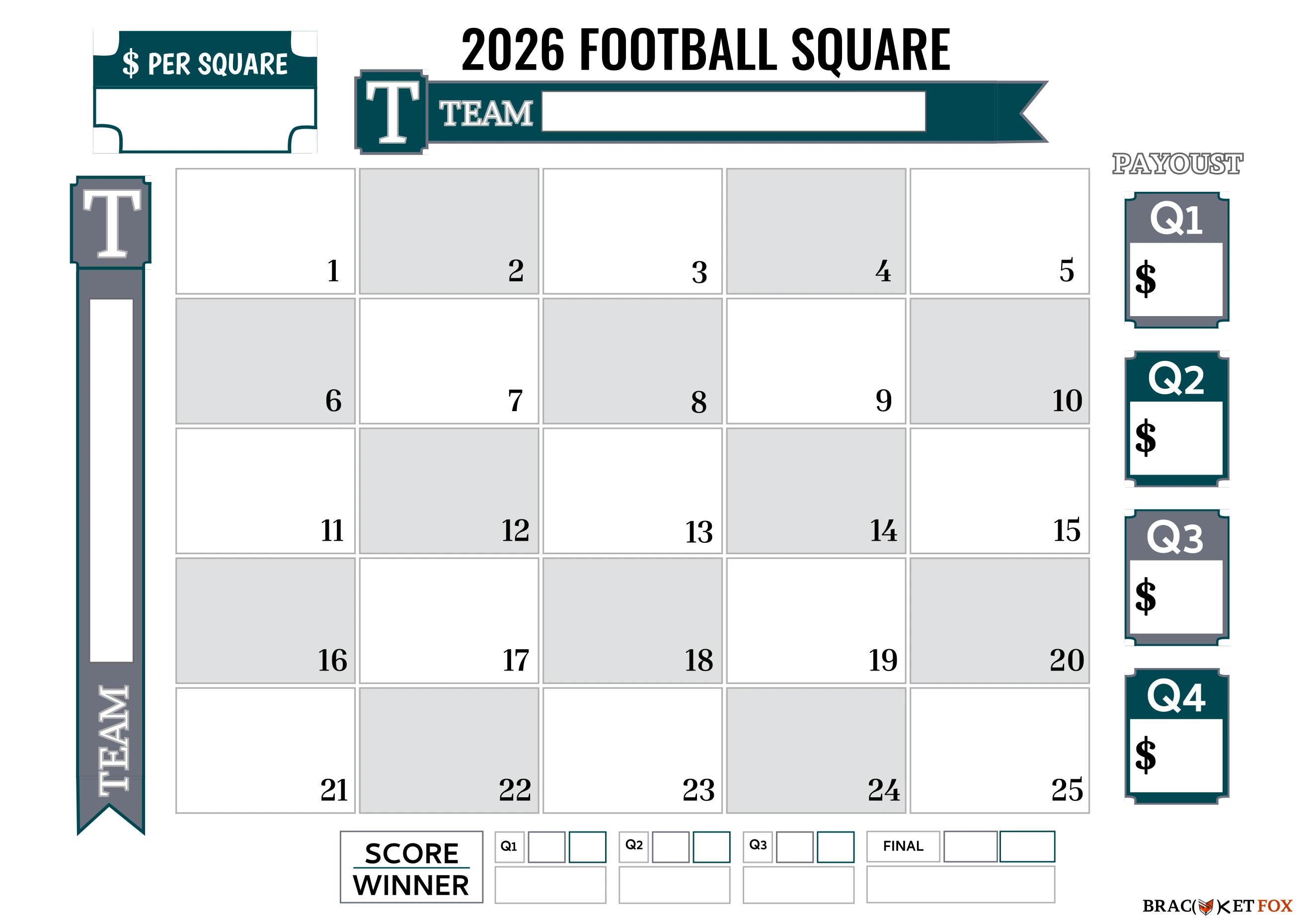 5x5 Football Squares with Team Names